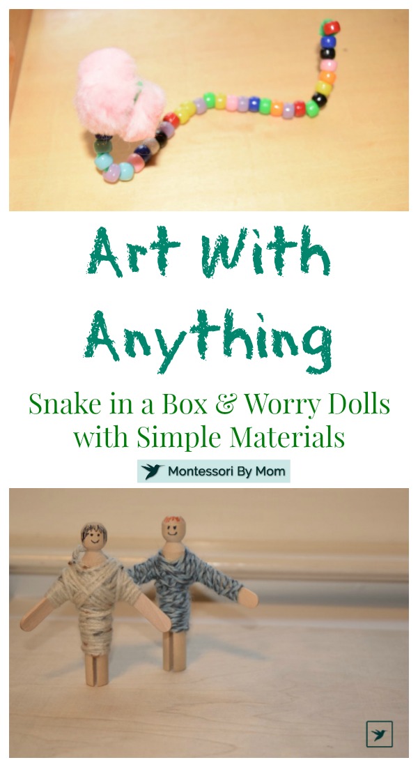Art does not have to be difficult! You can make your own art activities with anything. Here are two simple material activities to make Snake in a Box and Worry Dolls on Montessori By Mom